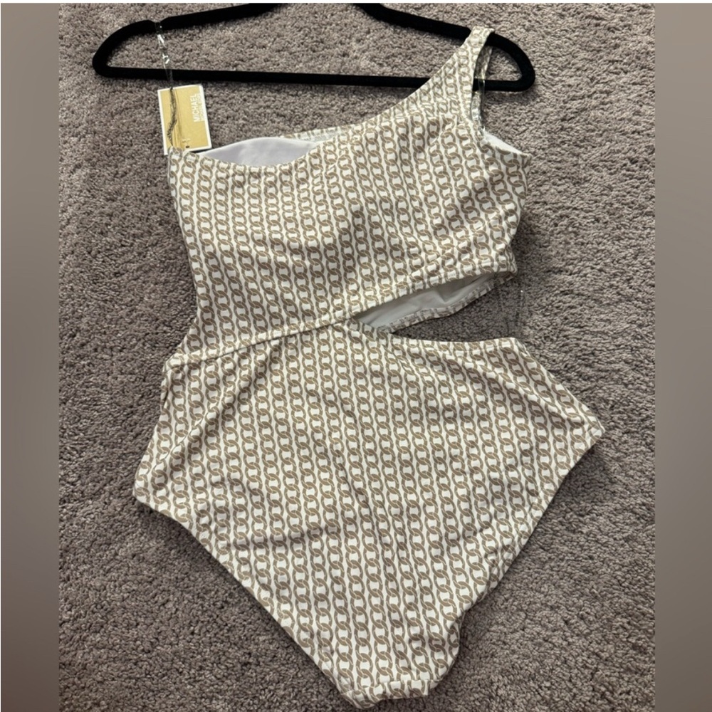 MICHAEL Michael Kors Cream and Brown One-Shoulder Swimsuit - Picture 3 of 9